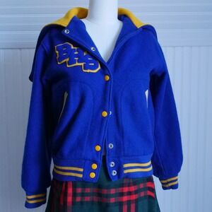 Great 50s/60s cobalt blue and yellow hooded‎ varsity jacket